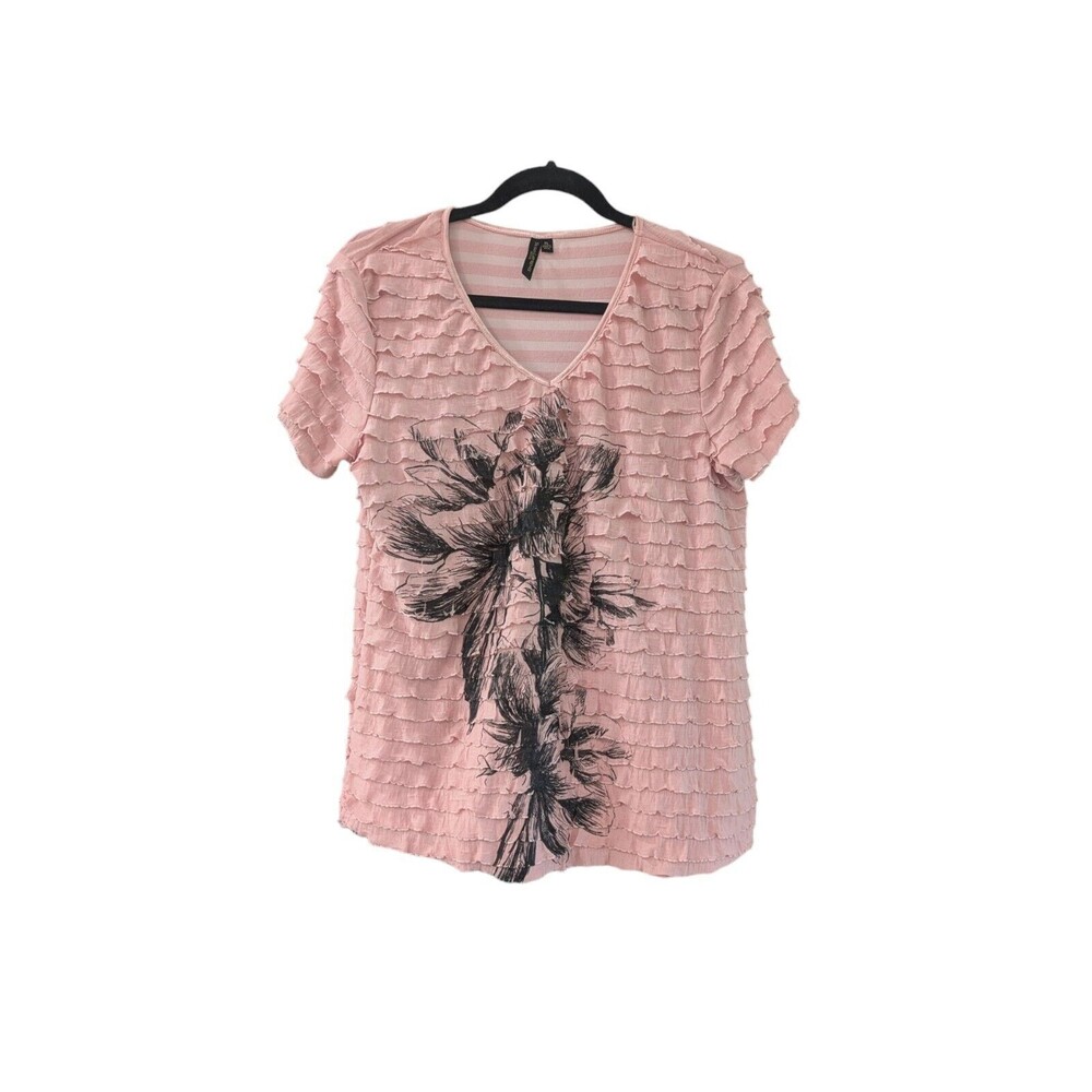 Vtg Susan Lawrence Flowers Detail T-shirt Stretchy Top Pink WOMEN Size PL